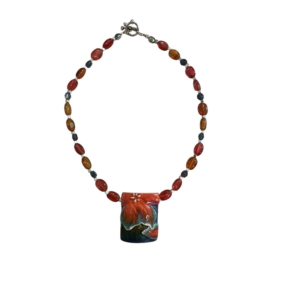Vintage Handcrafted Floral Pendant Beaded Necklace Vibrant Ceramic Centerpiece